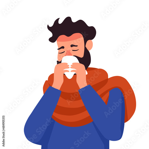 Sneezing man concept vector illustration. A man sneezing in handkerchief. Sick guy sneeze. Season allergy.