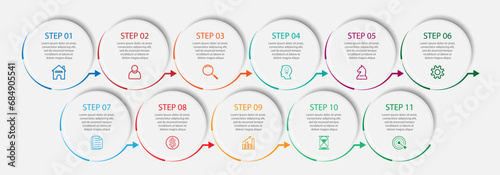 simple infographic vector design 11 steps or parts, circles with thin and thick lines, icons, text, numbers, for flow diagrams, presentations and your business
