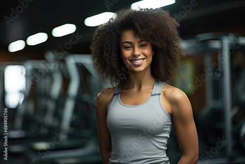 Wallpaper Mural Energetic Afro woman radiates joy in the gym, embodying the spirit of fitness and well-being with a vibrant and positive presence Torontodigital.ca