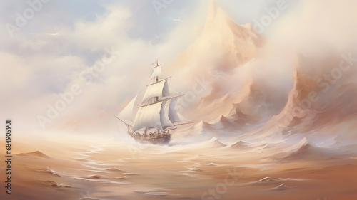 ship with sails in the desert on sandy waves oil paint painting.