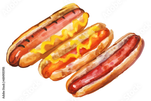 Watercolor style hand painted tasty hot dog on white transparent background