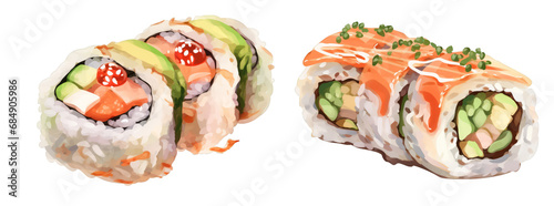 Watercolor style hand drawn delicious sushi on white transparent background