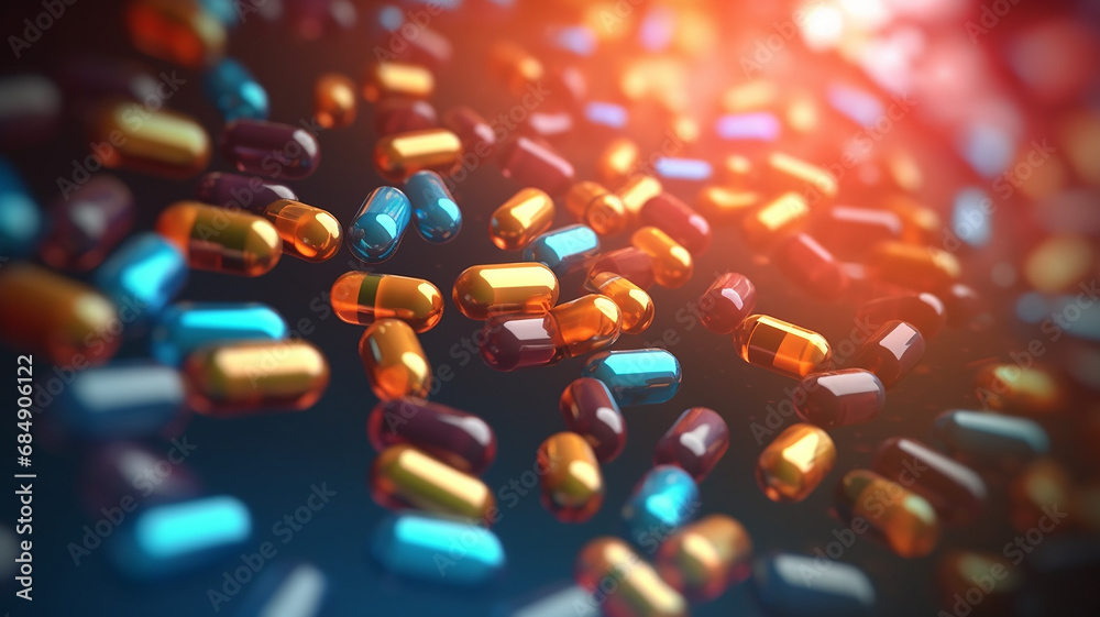 multicolored scattering of tablets capsules of antibiotics. - obrazy, fototapety, plakaty 
