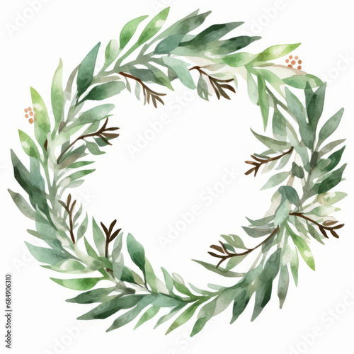 Watercolor style hand painted Christmas wreath on white background