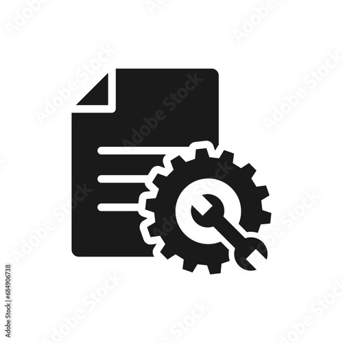 Paper with cogwheel and wrench. Project development, file settings icon flat style isolated on white background. Vector illustration