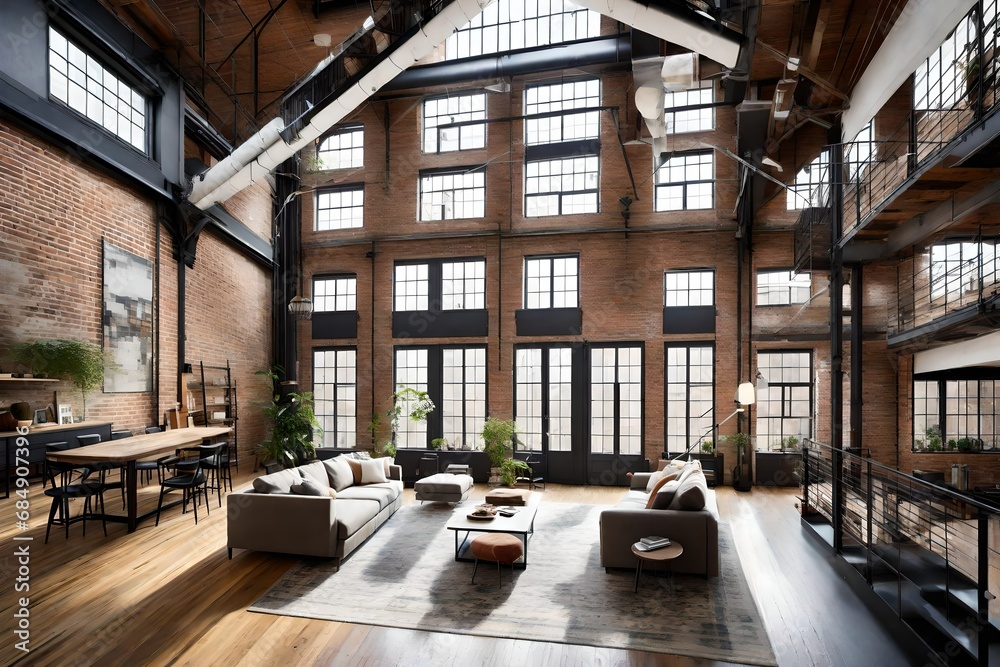 A high-ceilinged loft with industrial elements,  brick walls, and large windows