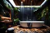 A nature-inspired bathroom with stone tiles, wooden accents, and a rainforest showerhead