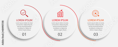 simple infographic vector design 3 steps or parts, circles with thin and thick lines, icons, text, numbers, for flow diagrams, presentations and your business