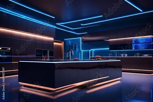 A sleek and futuristic kitchen with reflective surfaces, LED lighting, and smart appliances