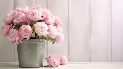pink peonies in an iron bucket background with a copy space.