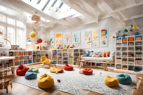 A kids' playroom with colorful bean bags, educational toys, and whimsical wall art photo