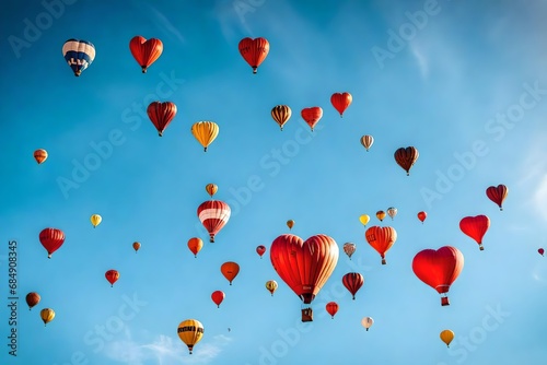 A heart-shaped cluster of  air balloons ascending into a clear blue sky.