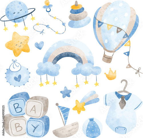 Watercolor Illustration set of Nursery Clipart for Baby Boy