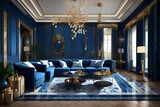 an outstanding living room  with marble accents, colour is blue, radiating elegance and opulence.