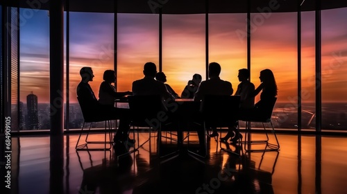 Silhouettes of group of business people against sunset comeliness