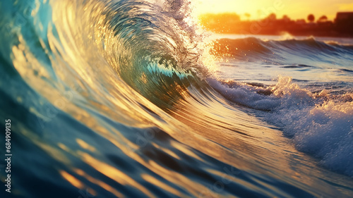 golden ocean wave at sunset.