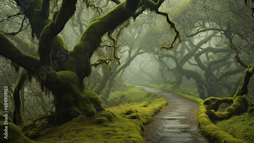 landscape fog in the old forest huge trees covered with moss mystical view.