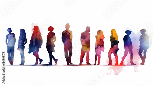 multicolored spectrum silhouettes of people on a white background watercolor.