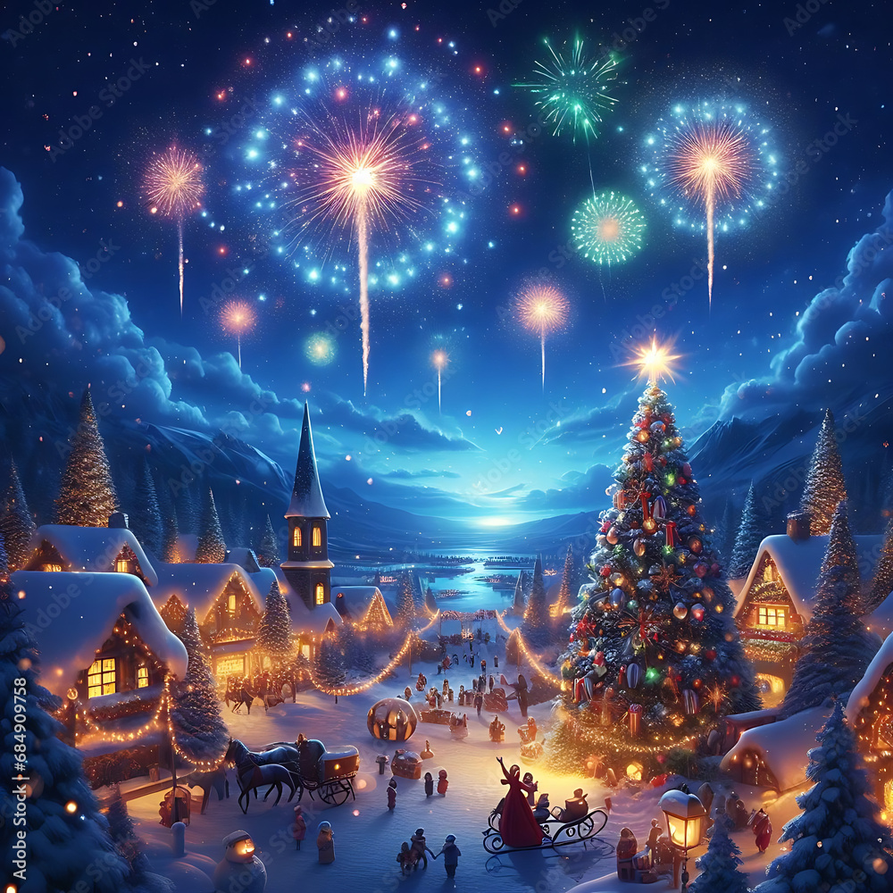 Christmas night scene with fireworks