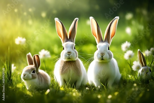 close up view,white rabits ,on green grass, with sunny mode.