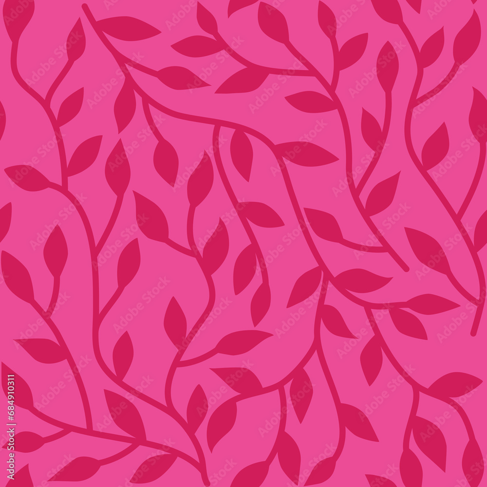 Long leafy branches seamless pattern. Hand drawn pink twigs and leaves in pink shades. Delicate fronds allover print