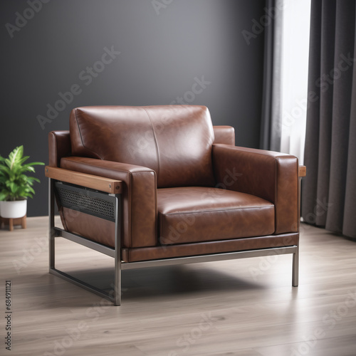 A brown leather office comfy, relaxing chair is pictured in a bright background clean white. This image can be used to reference comfortable leather wooden chair.