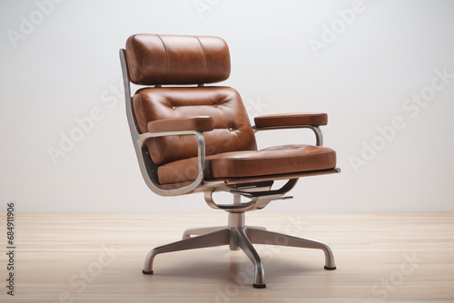 A brown leather office comfy, relaxing chair is pictured in a bright background clean white. This image can be used to reference comfortable leather wooden chair.