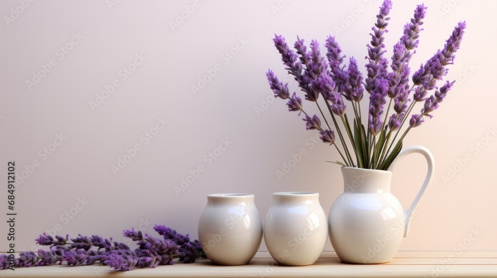 Blank frame photo with lavender vase on bright purple background. Mockup advertisement. template. product presentation. copy text space. Blank frame photo with lavender vase on bright purple background. Mockup advertisement. template. product presentation. copy text space.