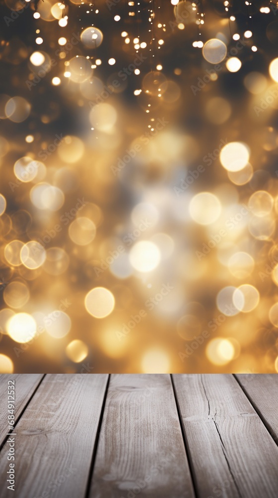 AI Generated abstract blurry sparkling background with empty wood table for Christmas holiday stand. AI Generated abstract blurry sparkling background with empty wood table for Christmas holiday stand.