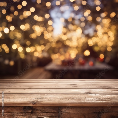 AI Generated abstract blurry sparkling background with empty wood table for Christmas holiday stand.