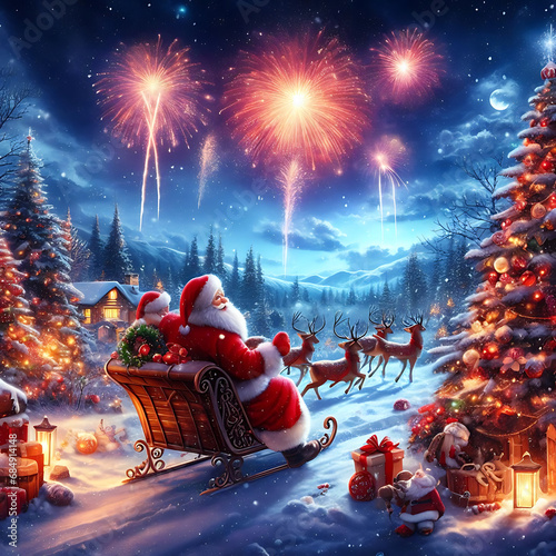 Christmas image night sky with fireworks and Santa Claus