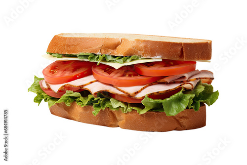 Sliced Smoked Turkey Sandwich with Lettuce and Tomatoes, isolated on white background