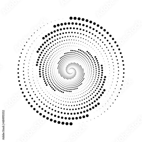 Dotted spiral lines element. Radial spinning halftone texture. Circle swirl dots shape. Abstract geometric background for poster, banner, logo, icon, collage, tattoo, tag. Vector illustration