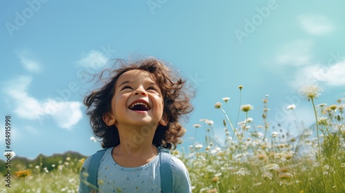 Child s face smiling happily among the meadows and the clear sky.