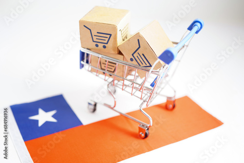 Online shopping, Shopping cart box on Chile flag, import export, finance commerce.