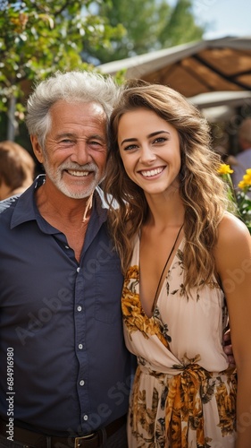 Summertime garden party with a family photo outside. Standing together to take a group shot with family and friends. family with several generations..