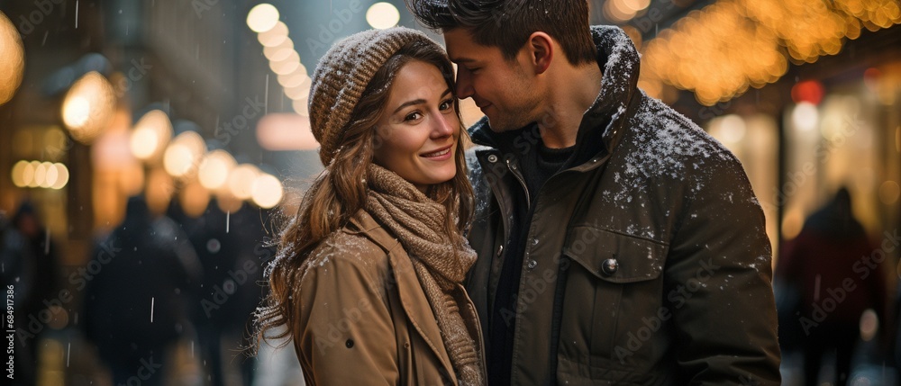 A couple strolling around the city in the evening, dressed for the winter.. A couple strolling around the city in the evening, dressed for the winter..
