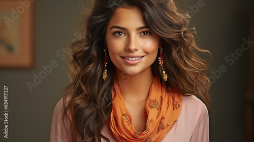 smiling and facing the camera is a happy young Indian woman dressed in traditional attire with a bindi dot.. photo