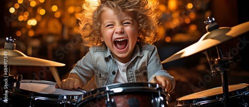 Youngster having fun while he plays real drums. photo