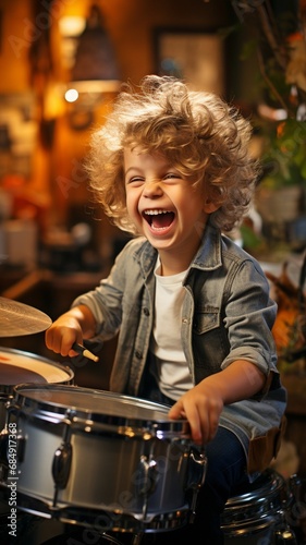 Youngster having fun while he plays real drums.