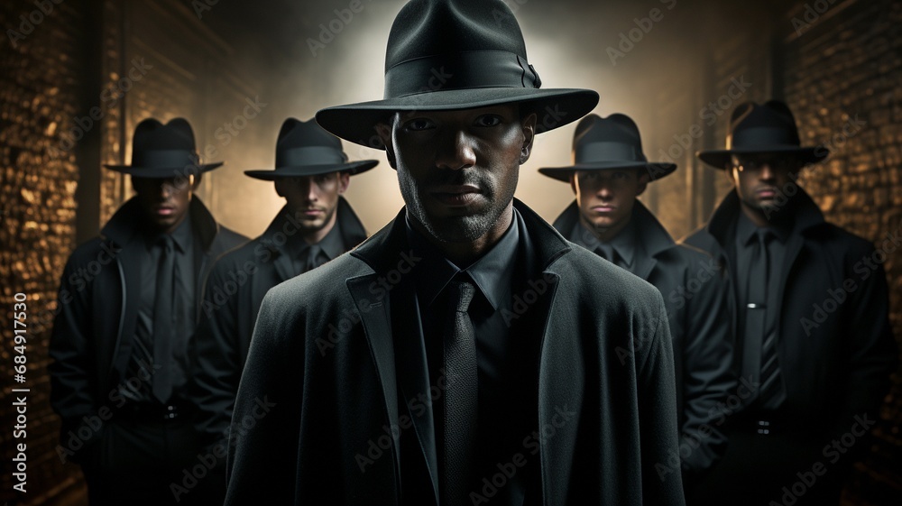 Shadows of men in fedora hats. Concept of Safety, Secrecy, and Monitoring.