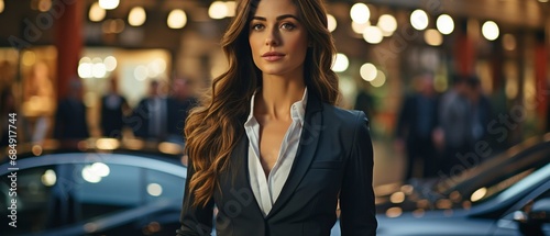 An twilight portrait of a businesswoman arriving by luxury automobile and strolling across a parking lot. Idea of business lifestyle and transportation .