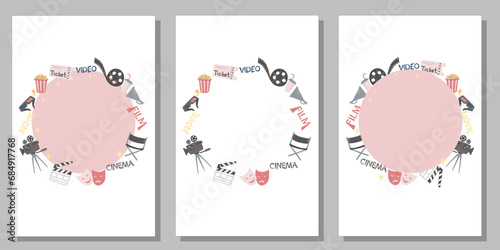 round frames set with movie cinema attributes equipment isolated on white and copy-space in the middle. World cinema day, cinema, movie, design, card, poster concept. Vector illustration.
