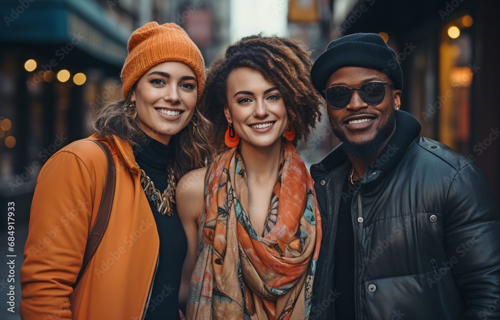 Three companions of different races are pictured in an urban setting, dressed stylishly. . Three companions of different races are pictured in an urban setting, dressed stylishly. .