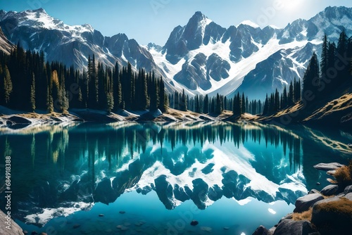 landscape with lake and mountains with reflection of this in clear water