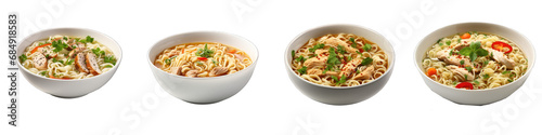 Instant chicken noodle soup in a white ceramic bowl Hyperrealistic Highly Detailed Isolated On Transparent Background Png File