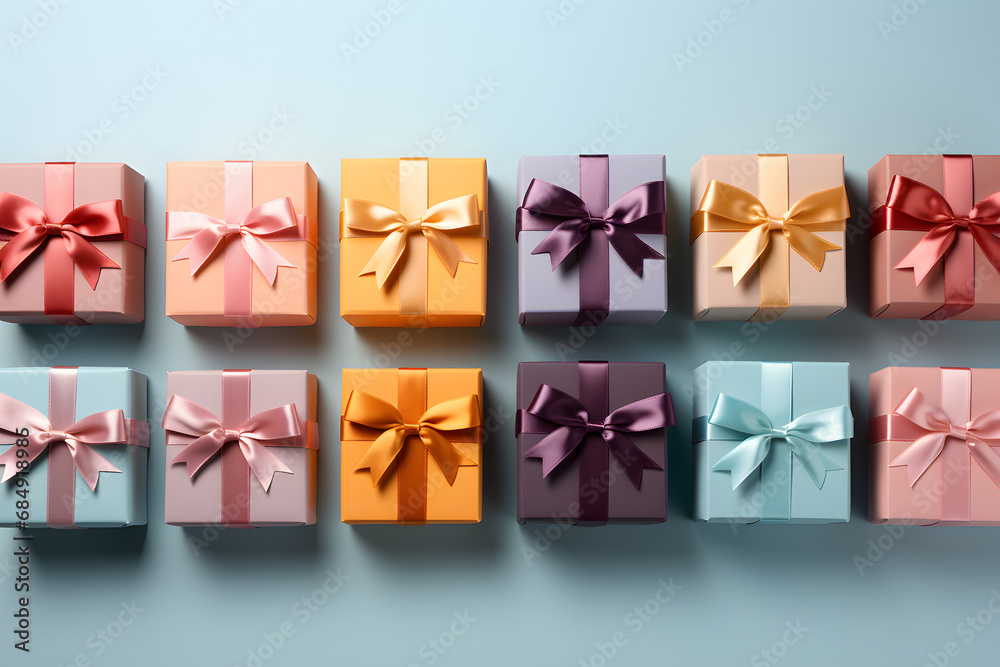 Little gift boxes with ribbons and bows, top view, with copy space