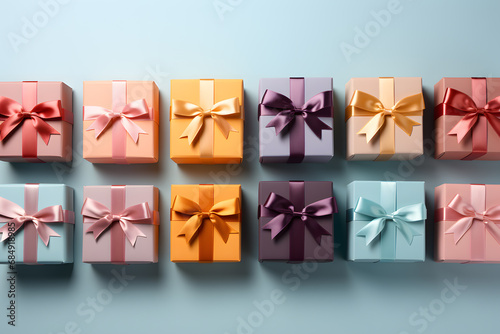 Obraz na płótnie Little gift boxes with ribbons and bows, top view, with copy space w salonie