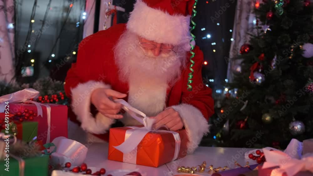 Focused Santa Claus tying bow with white ribbon on holiday gift boxes ...