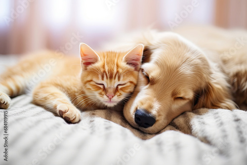 Cat and dog sleeping on the bed. Puppy and kitten sleep, 